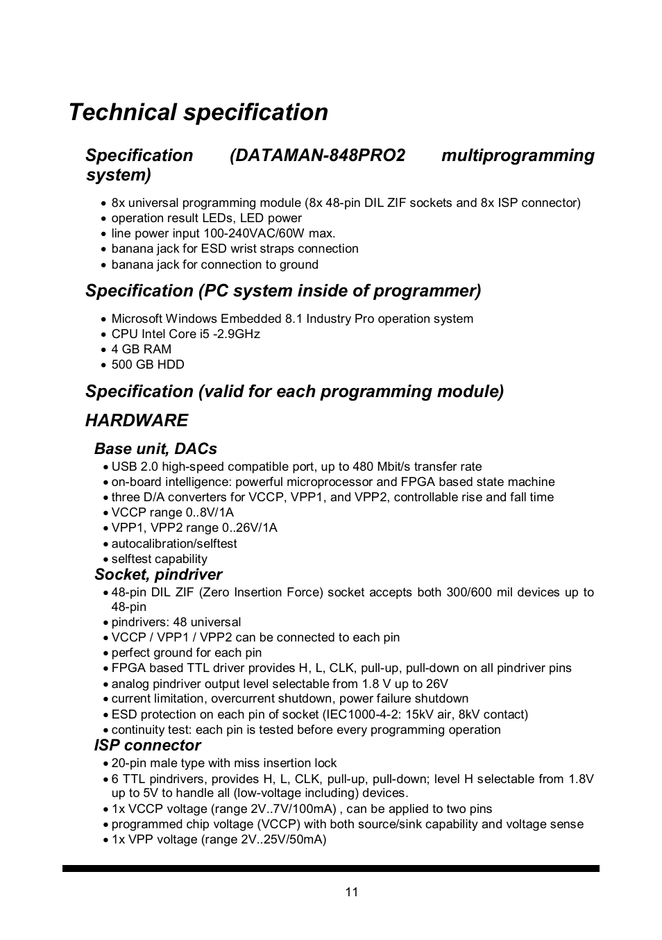 Technical specification, Specification (pc system inside of programmer) | Dataman 848Pro2 User Manual | Page 11 / 50