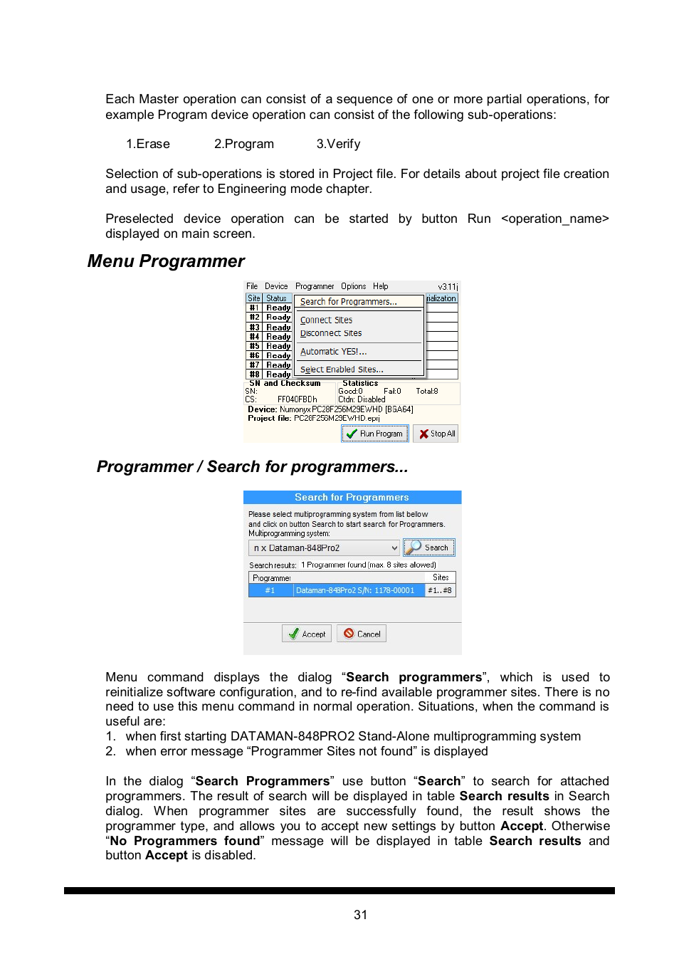 Menu programmer, Programmer / search for programmers | Dataman 848Pro2 User Manual | Page 31 / 50