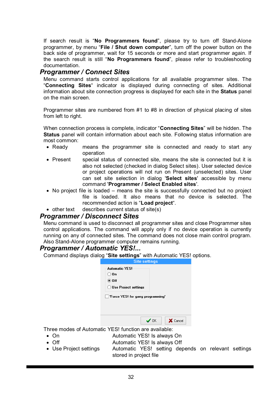 Programmer / connect sites, Programmer / disconnect sites, Programmer / automatic yes | Dataman 848Pro2 User Manual | Page 32 / 50