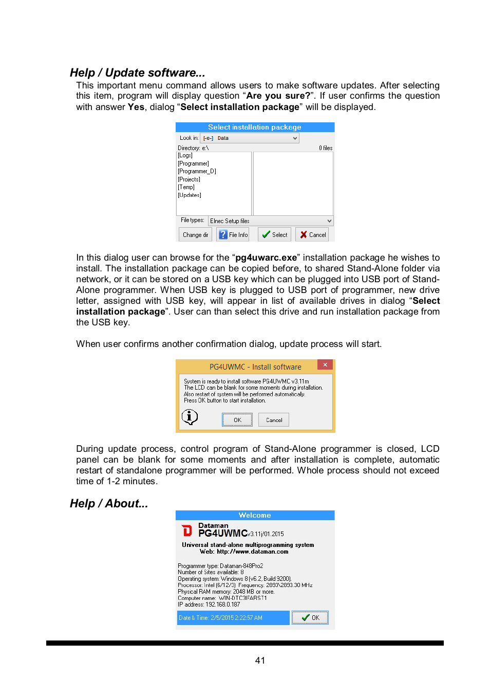 Help / update software, Help / about | Dataman 848Pro2 User Manual | Page 41 / 50