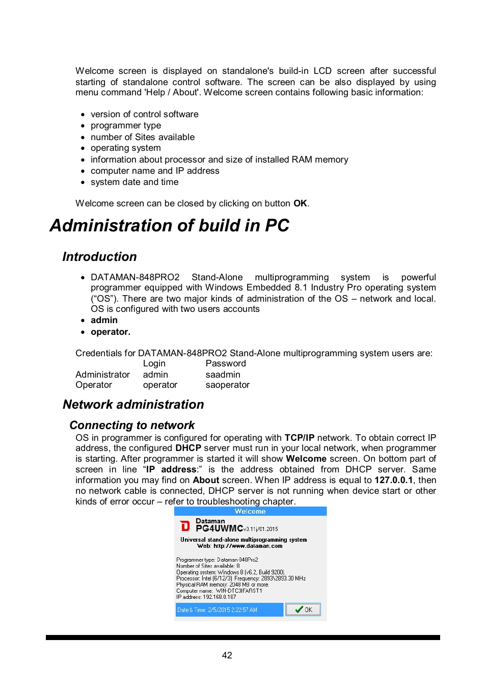 Administration of build in pc, Introduction, Network administration | Dataman 848Pro2 User Manual | Page 42 / 50