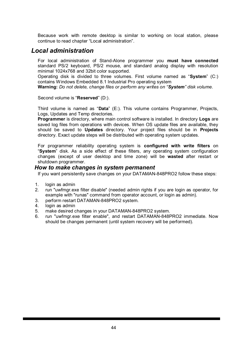 Local administration, How to make changes in system permanent | Dataman 848Pro2 User Manual | Page 44 / 50