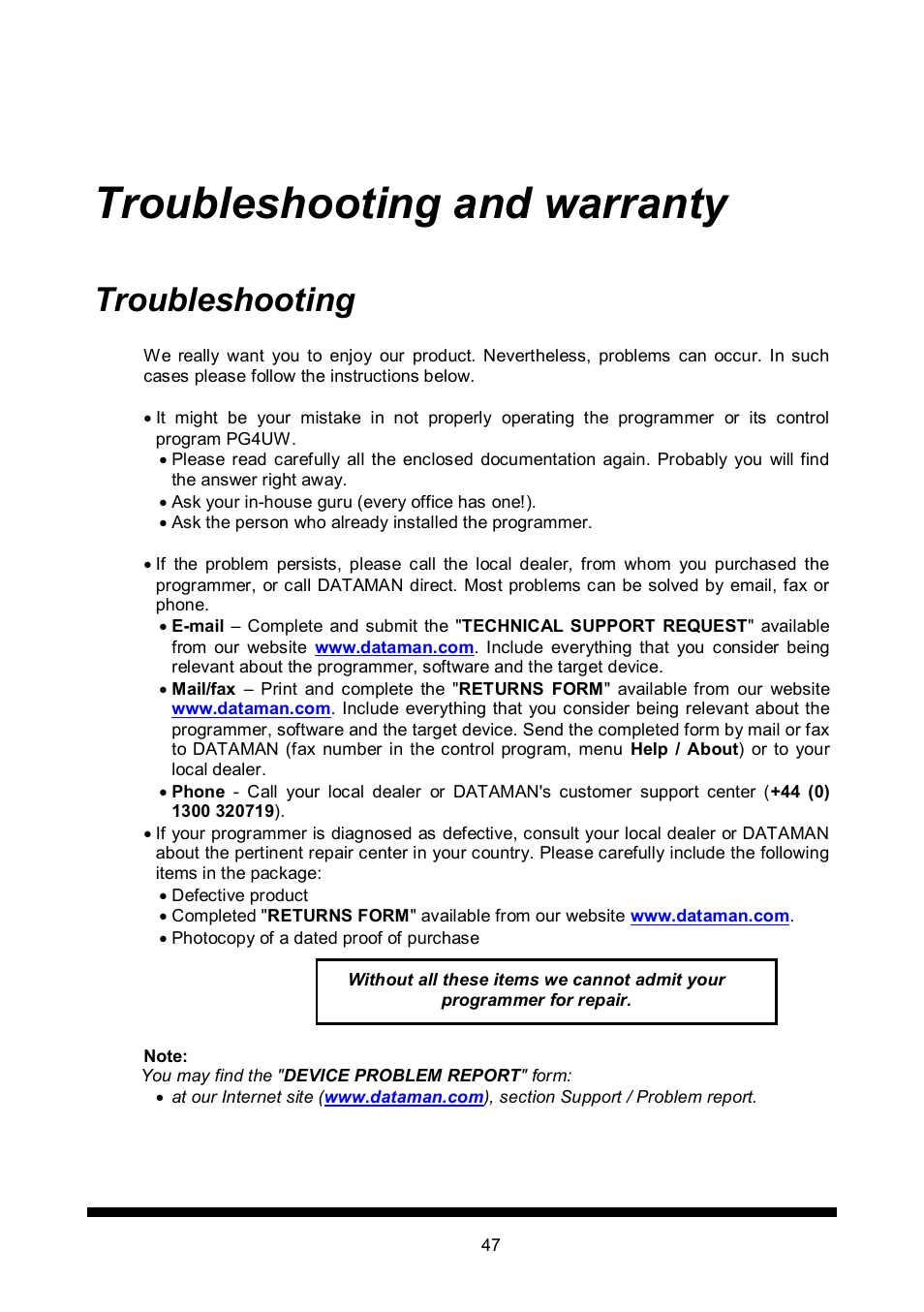Troubleshooting and warranty, Troubleshooting | Dataman 848Pro2 User Manual | Page 47 / 50