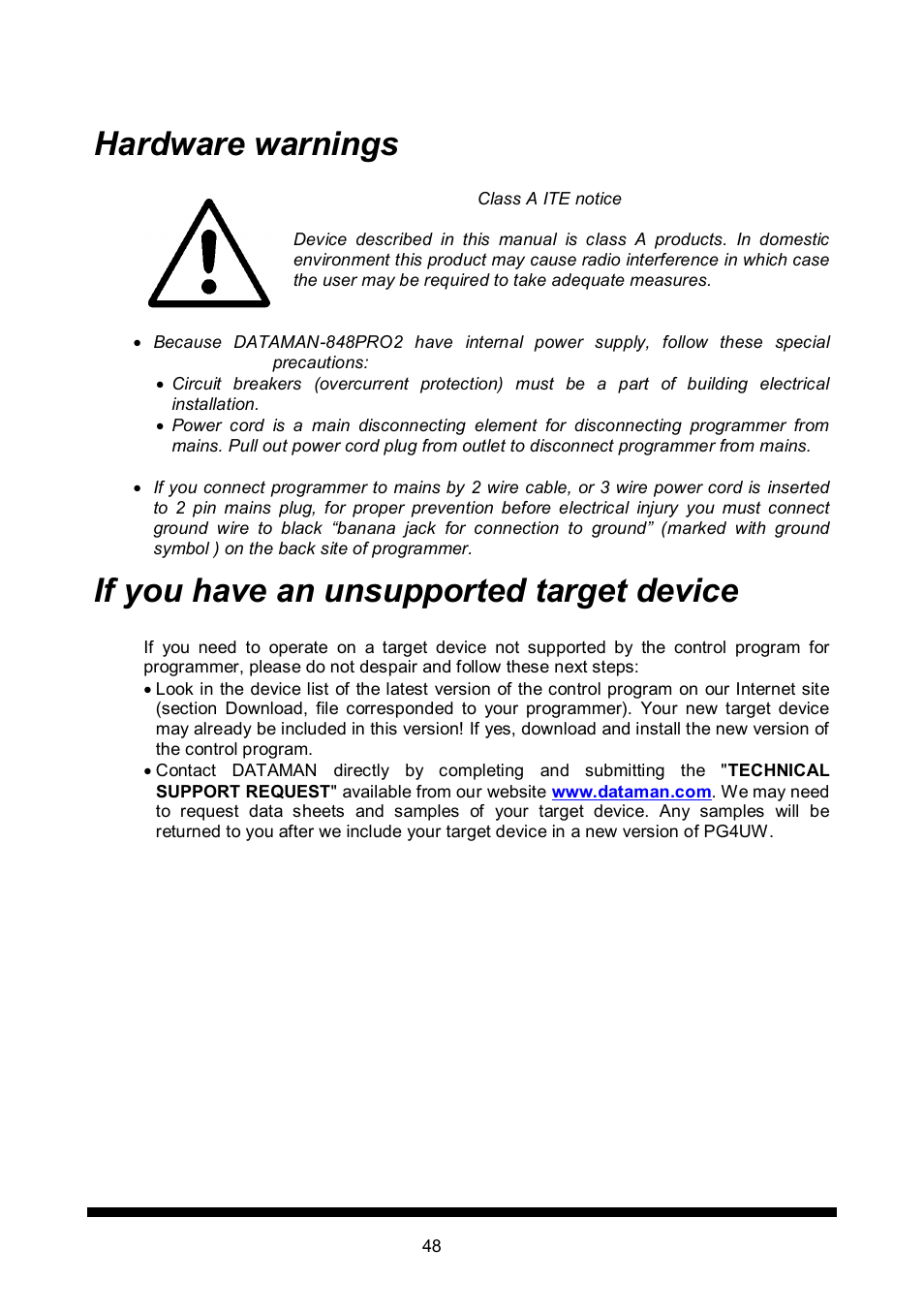 Hardware warnings, If you have an unsupported target device | Dataman 848Pro2 User Manual | Page 48 / 50