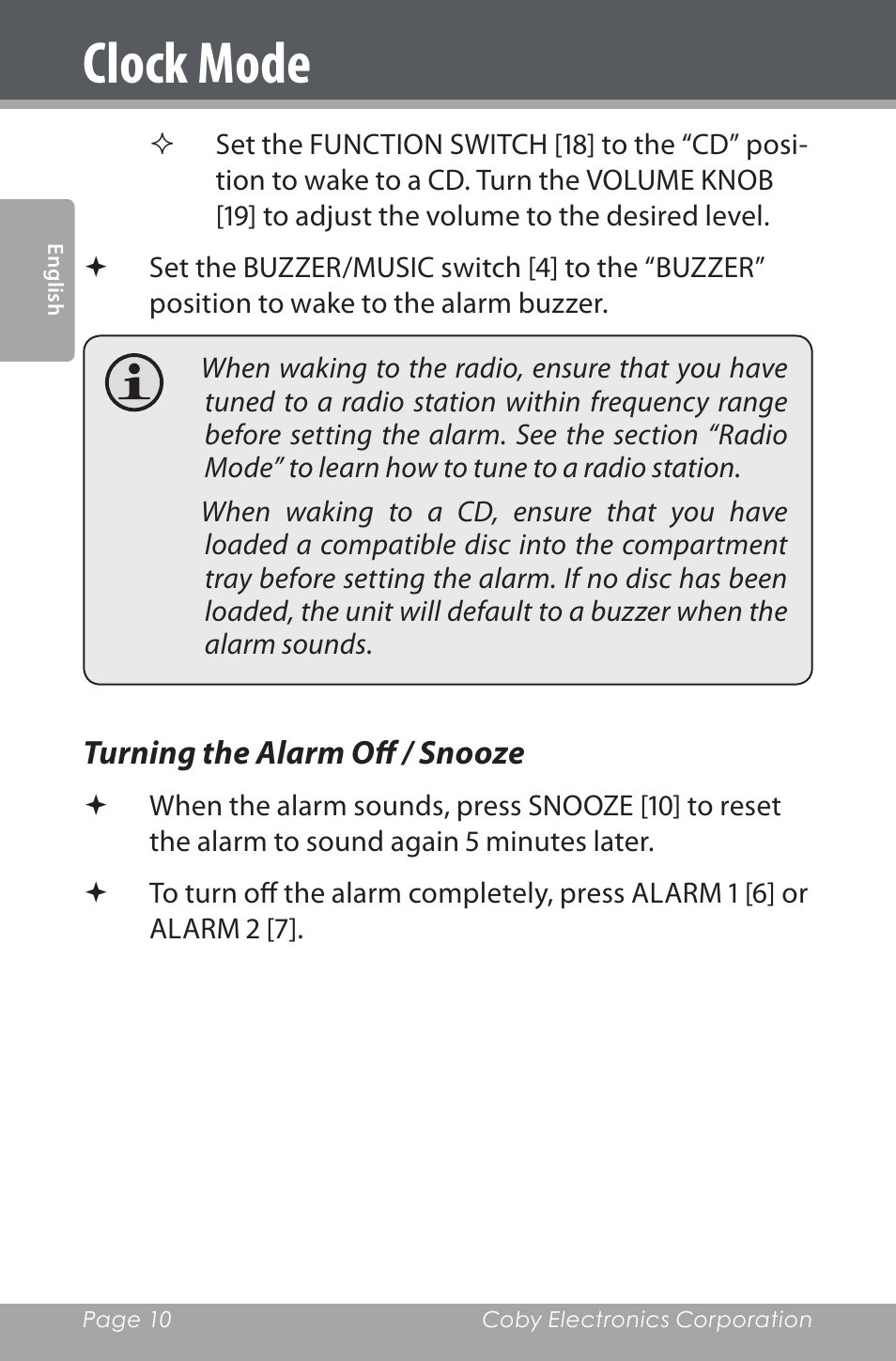 Turning the alarm off / snooze, Clock mode | COBY electronic CDRA147 User Manual | Page 10 / 76