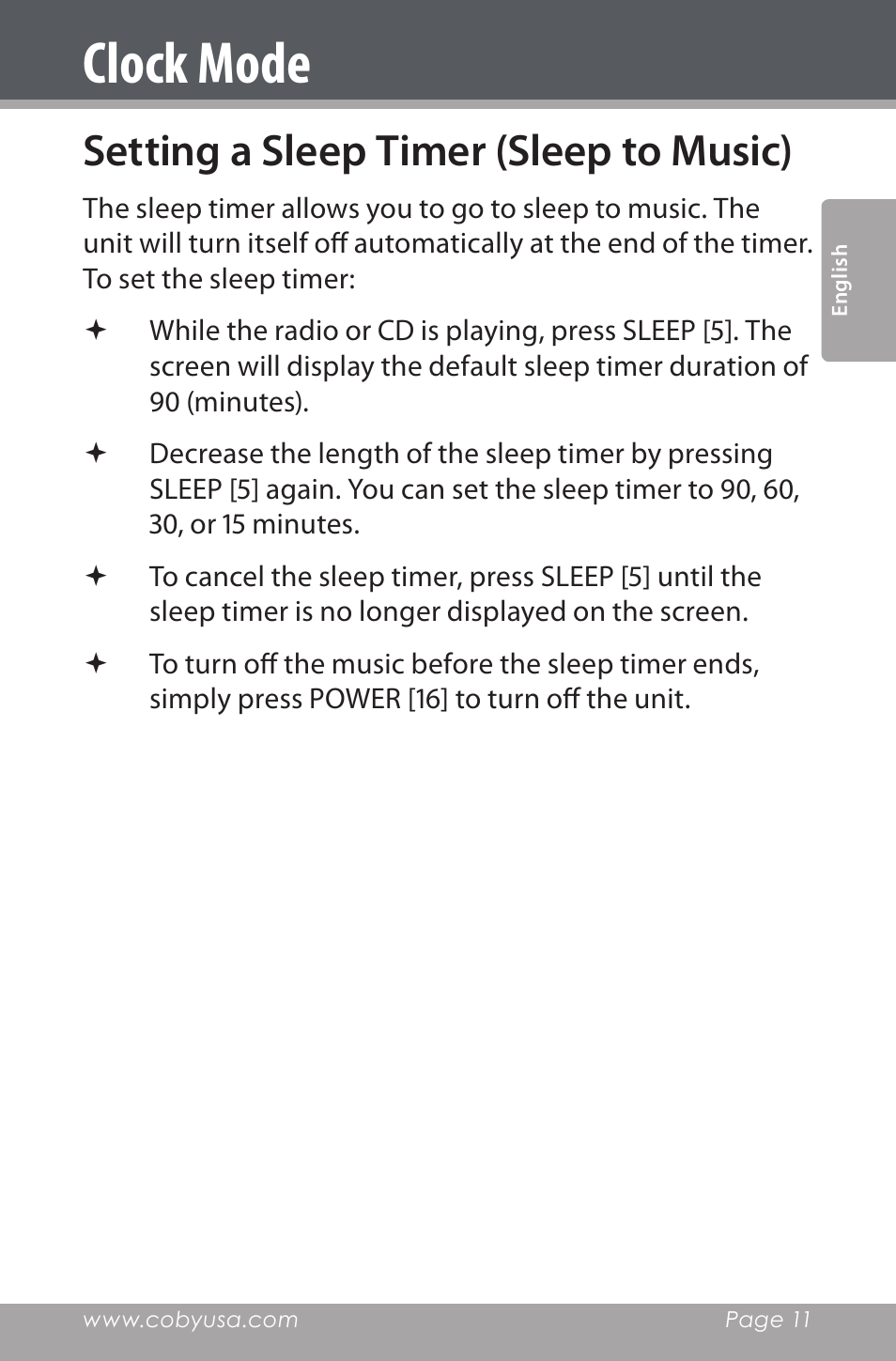 Setting a sleep timer (sleep to music), Clock mode | COBY electronic CDRA147 User Manual | Page 11 / 76