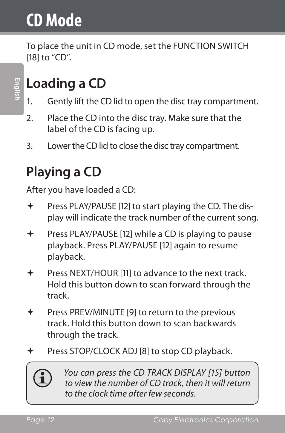 Cd mode, Loading a cd, Playing a cd | COBY electronic CDRA147 User Manual | Page 12 / 76