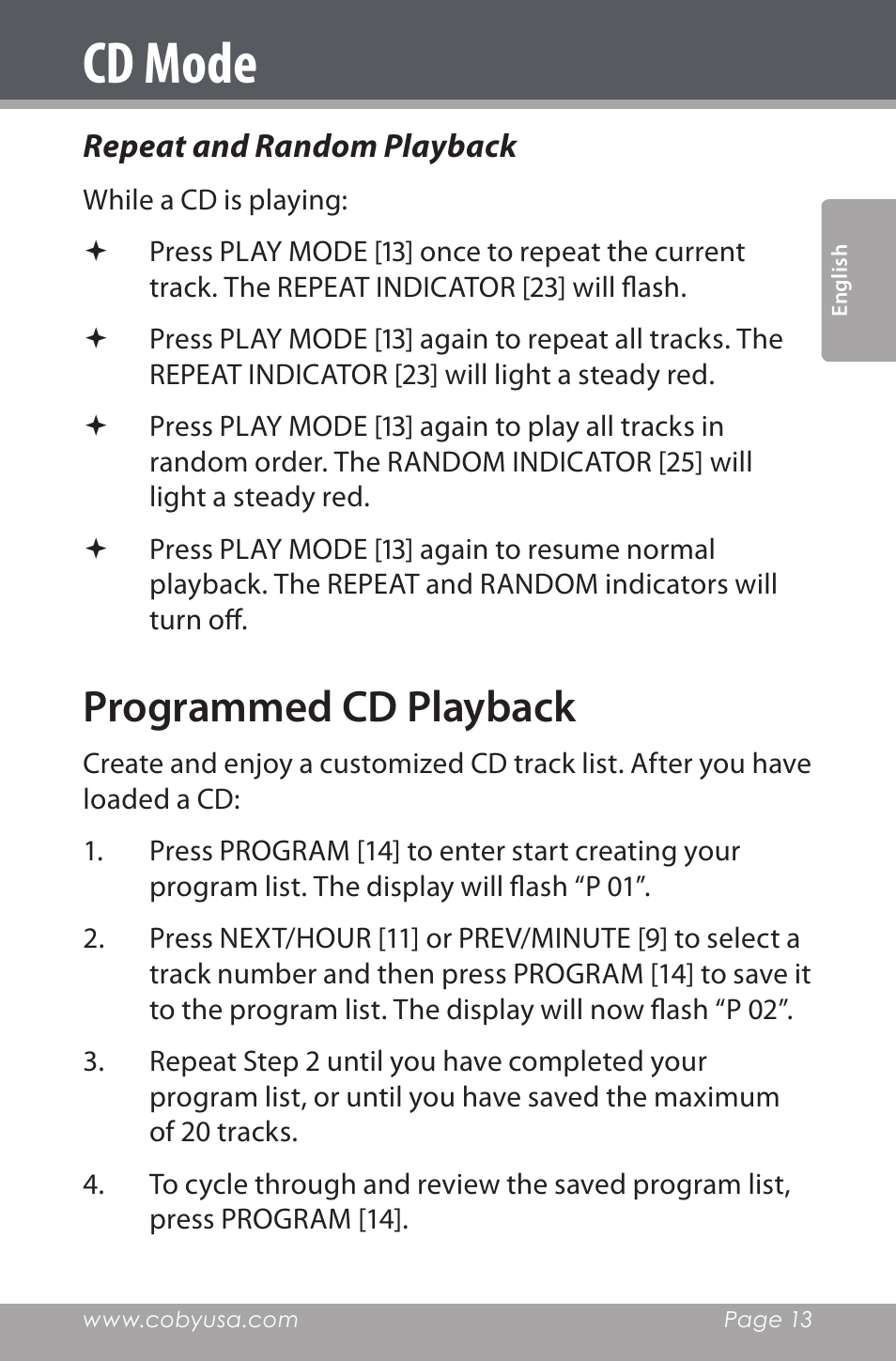 Repeat and random playback, Programmed cd playback, Cd mode | COBY electronic CDRA147 User Manual | Page 13 / 76