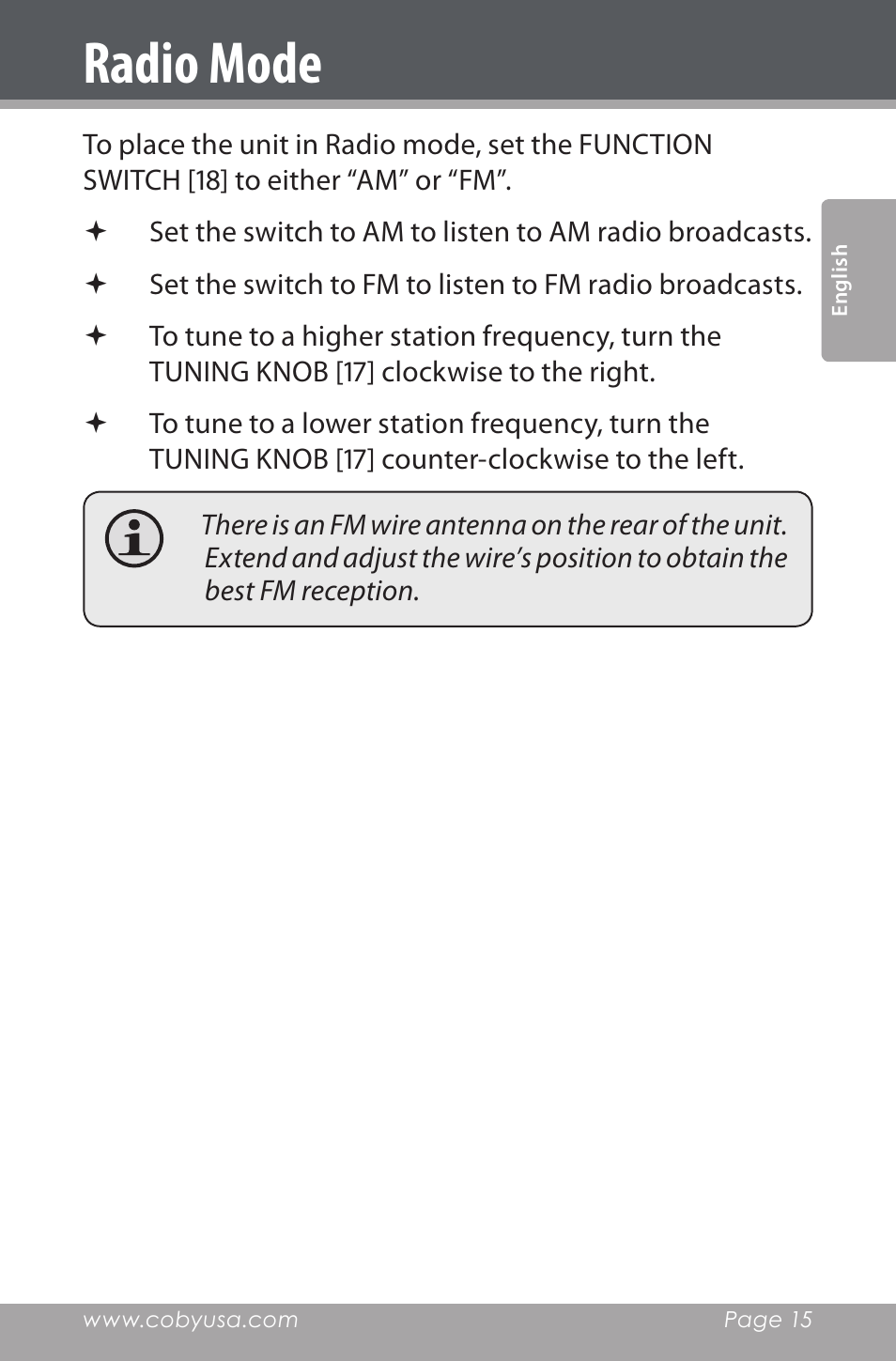 Radio mode | COBY electronic CDRA147 User Manual | Page 15 / 76