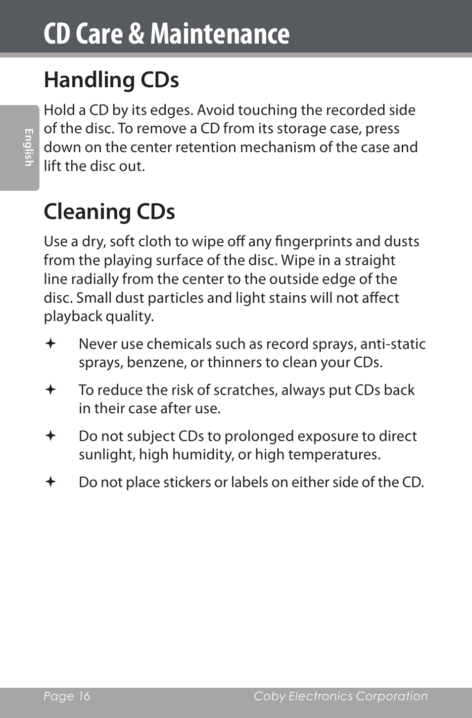 Cd care & maintenance, Handling cds, Cleaning cds | COBY electronic CDRA147 User Manual | Page 16 / 76