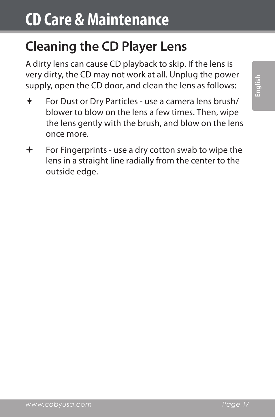 Cd care & maintenance, Cleaning the cd player lens | COBY electronic CDRA147 User Manual | Page 17 / 76