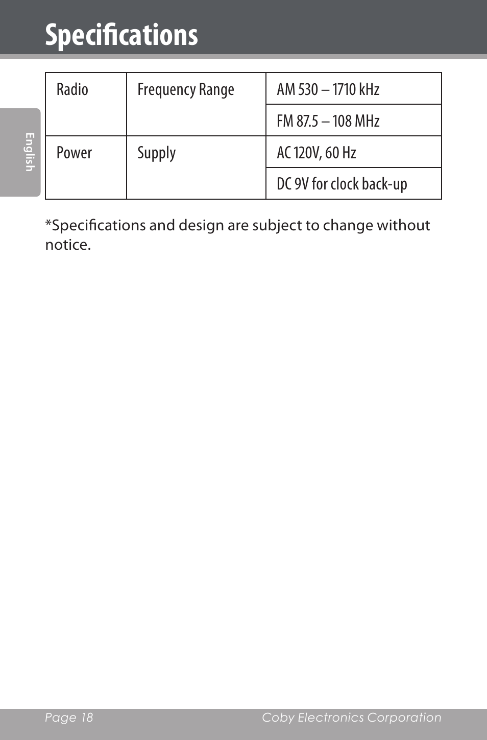 Specifications | COBY electronic CDRA147 User Manual | Page 18 / 76