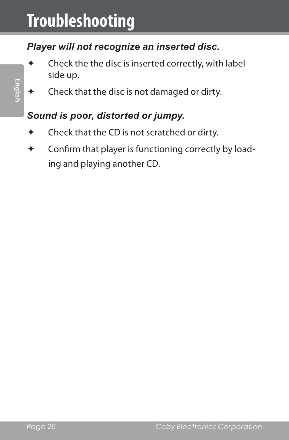 Troubleshooting | COBY electronic CDRA147 User Manual | Page 20 / 76