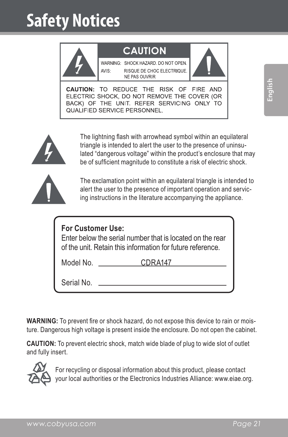 Safety notices | COBY electronic CDRA147 User Manual | Page 21 / 76