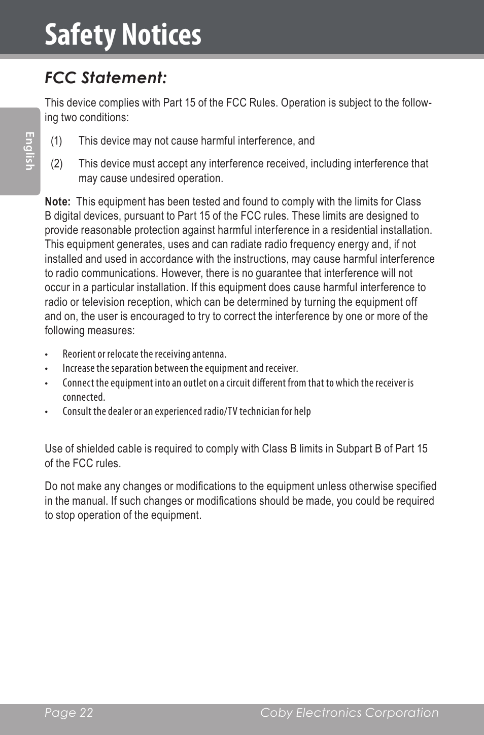 Safety notices, Fcc statement | COBY electronic CDRA147 User Manual | Page 22 / 76