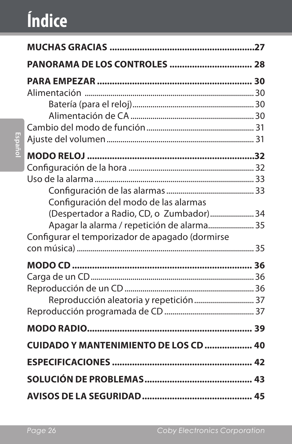 Índice | COBY electronic CDRA147 User Manual | Page 26 / 76