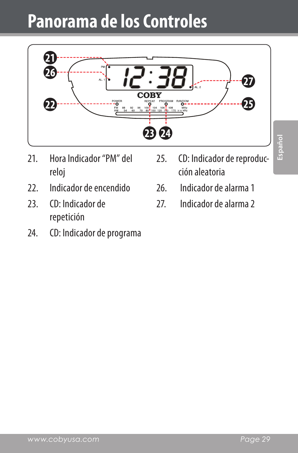 Panorama de los controles | COBY electronic CDRA147 User Manual | Page 29 / 76