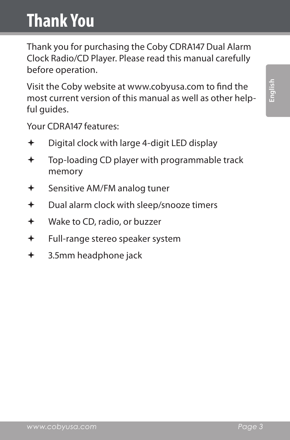 Thank you | COBY electronic CDRA147 User Manual | Page 3 / 76