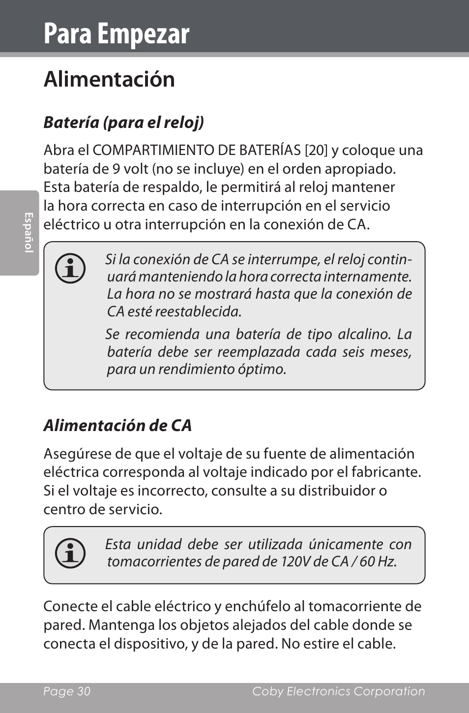 Para empezar, Alimentación, Batería (para el reloj) | Alimentación de ca | COBY electronic CDRA147 User Manual | Page 30 / 76
