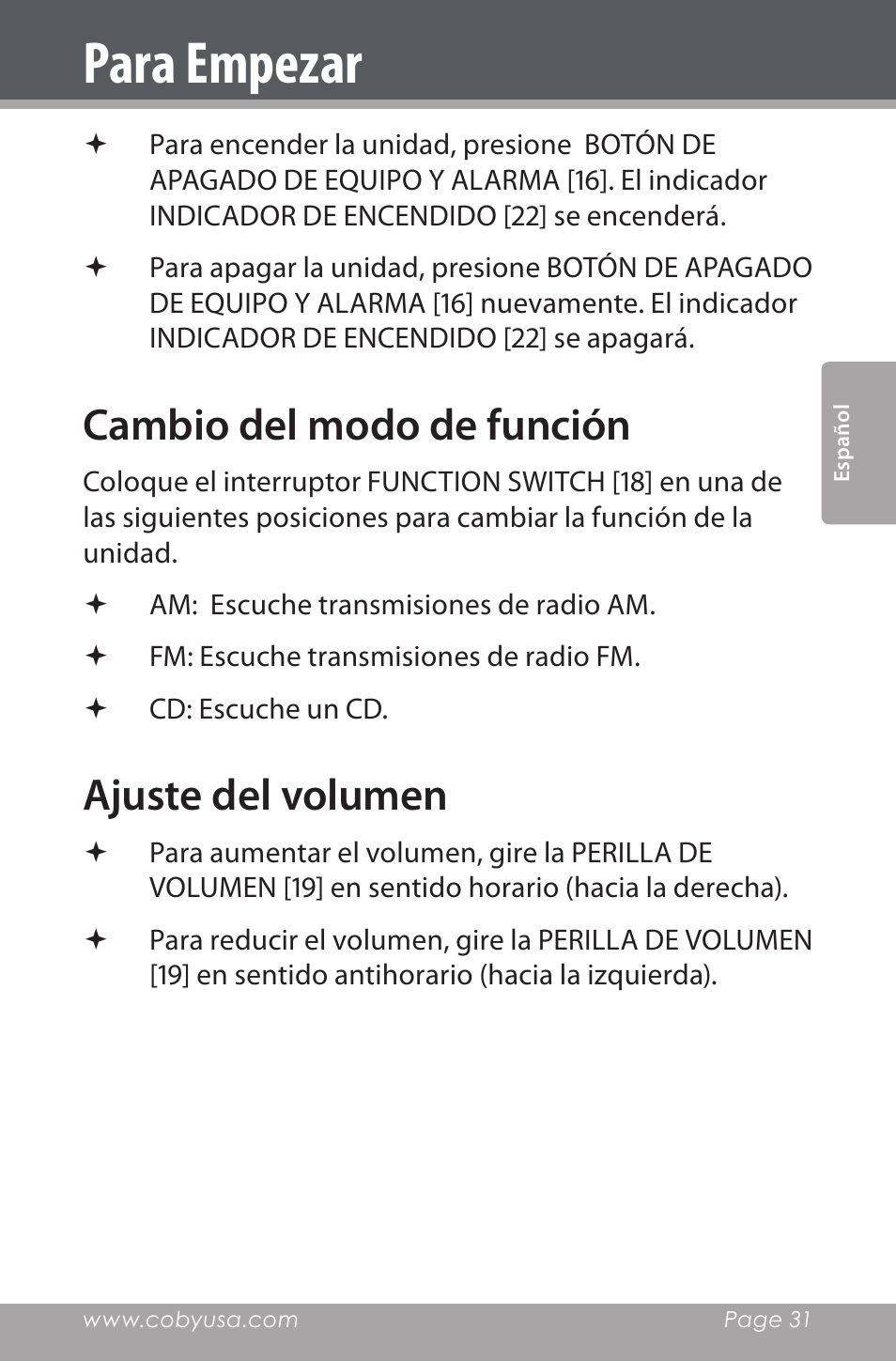 Cambio del modo de función, Ajuste del volumen, Para empezar | COBY electronic CDRA147 User Manual | Page 31 / 76