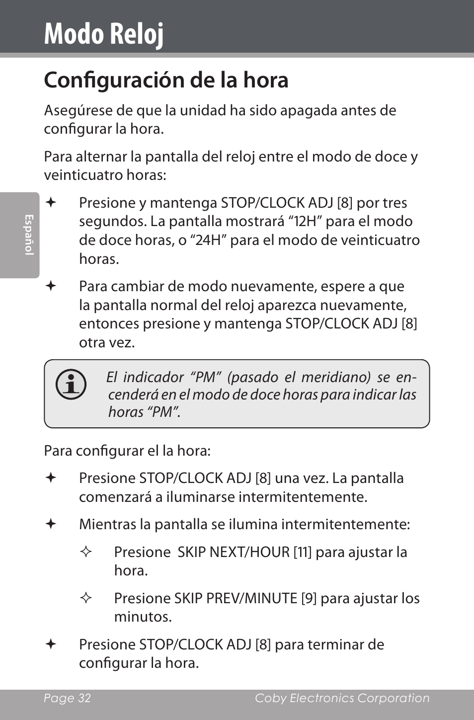 Modo reloj, Configuración de la hora | COBY electronic CDRA147 User Manual | Page 32 / 76