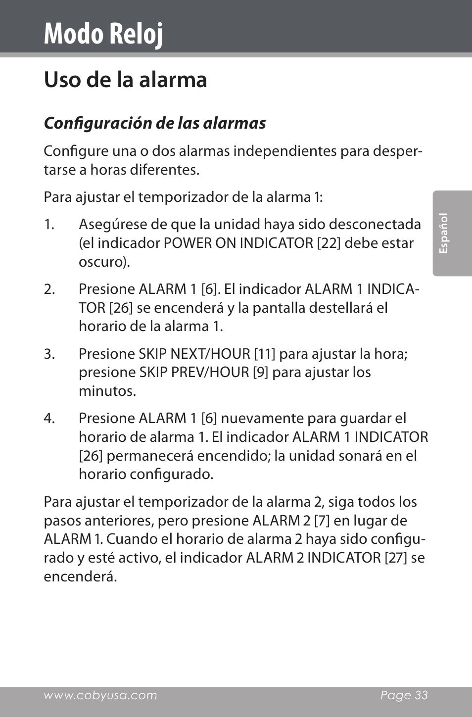 Uso de la alarma, Configuración de las alarmas, Modo reloj | COBY electronic CDRA147 User Manual | Page 33 / 76