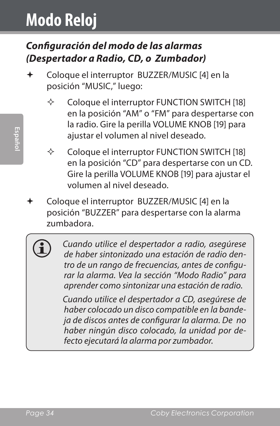 Modo reloj | COBY electronic CDRA147 User Manual | Page 34 / 76