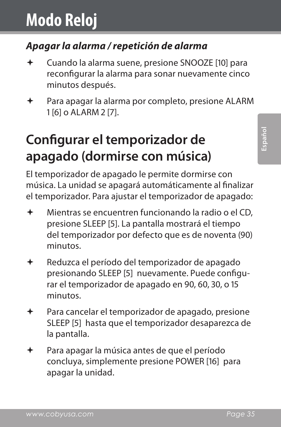 Apagar la alarma / repetición de alarma, Modo reloj | COBY electronic CDRA147 User Manual | Page 35 / 76