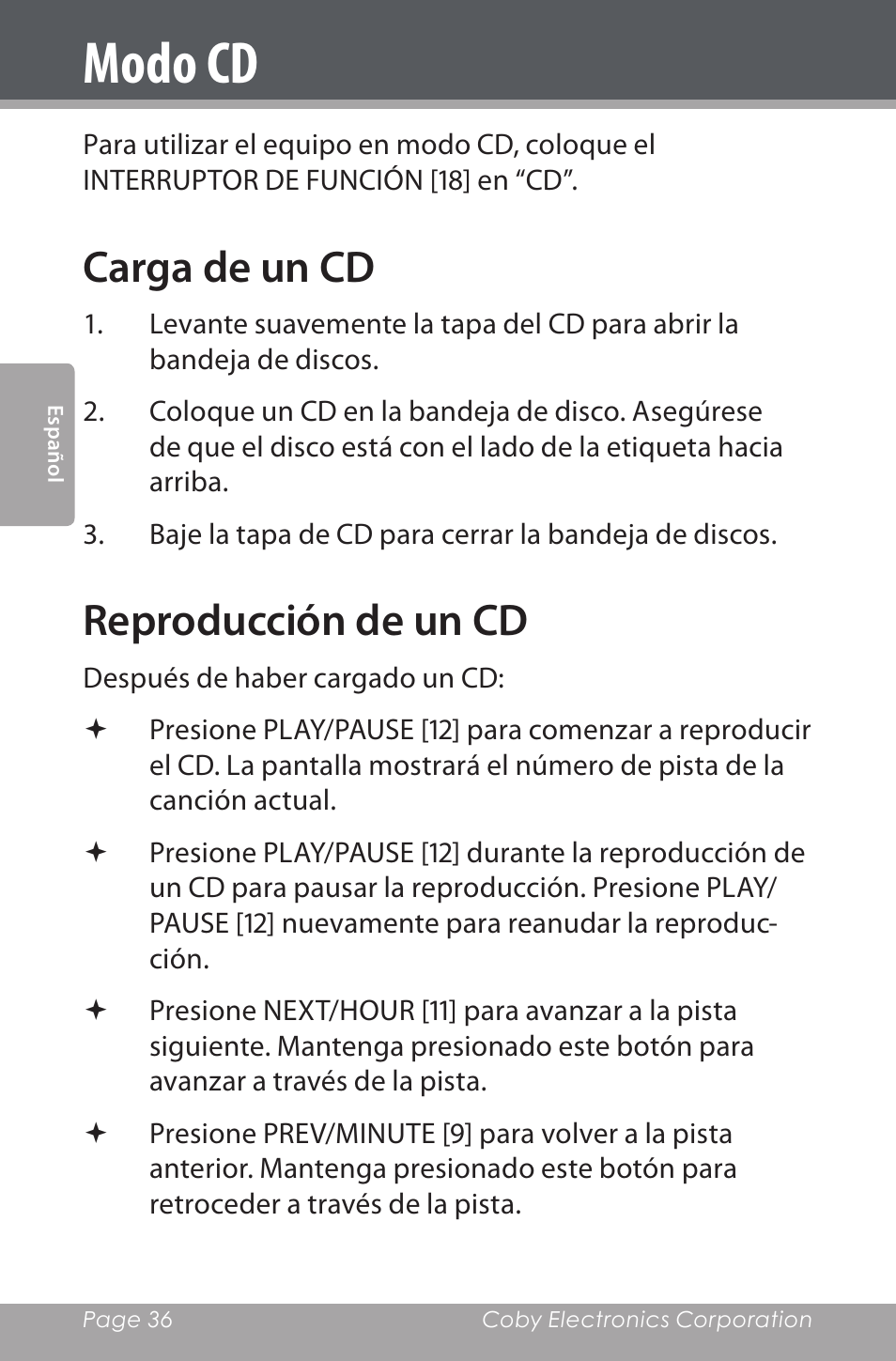 Modo cd, Carga de un cd, Reproducción de un cd | COBY electronic CDRA147 User Manual | Page 36 / 76