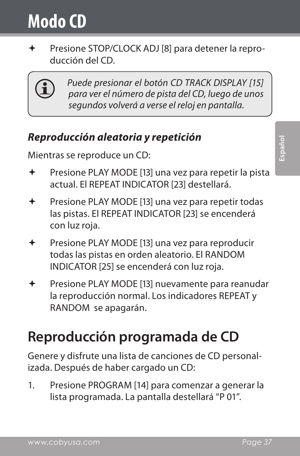 Reproducción aleatoria y repetición, Reproducción programada de cd, Modo cd | COBY electronic CDRA147 User Manual | Page 37 / 76
