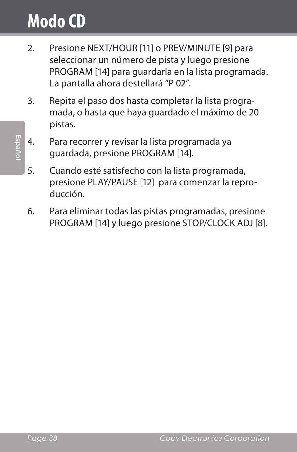 Modo cd | COBY electronic CDRA147 User Manual | Page 38 / 76