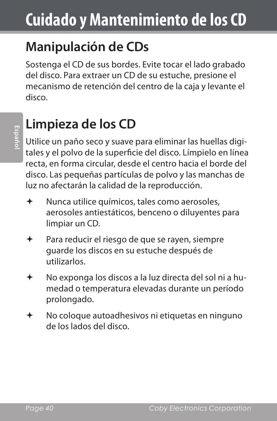 Cuidado y mantenimiento de los cd, Manipulación de cds, Limpieza de los cd | COBY electronic CDRA147 User Manual | Page 40 / 76