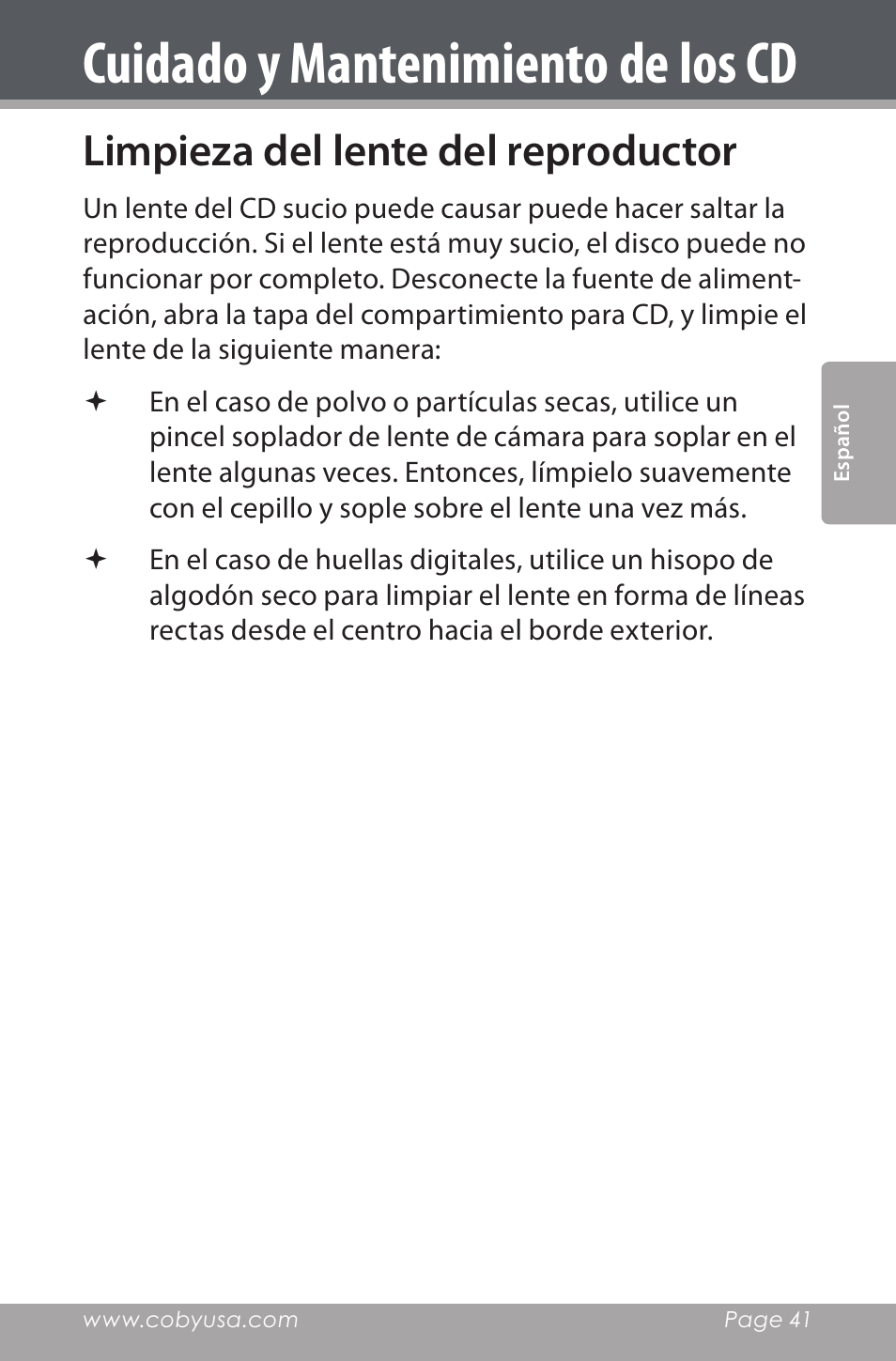 Cuidado y mantenimiento de los cd, Limpieza del lente del reproductor | COBY electronic CDRA147 User Manual | Page 41 / 76