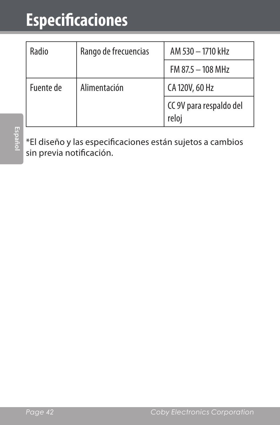 Especificaciones | COBY electronic CDRA147 User Manual | Page 42 / 76