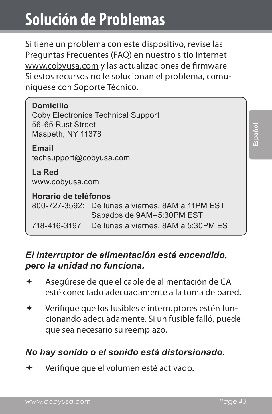 Solución de problemas | COBY electronic CDRA147 User Manual | Page 43 / 76