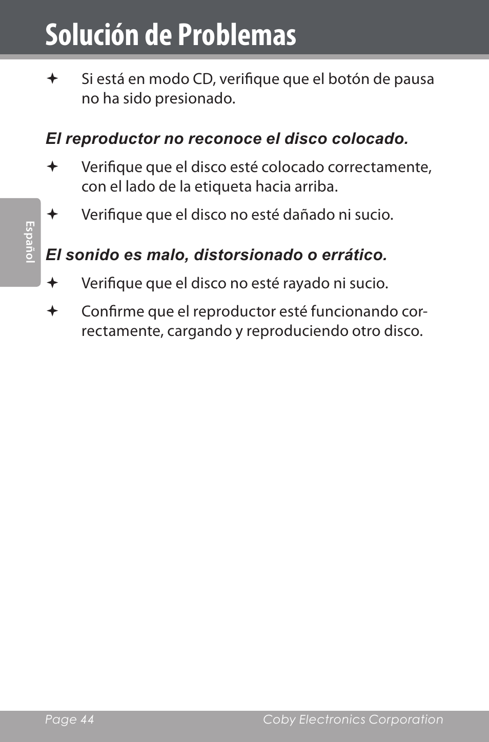 Solución de problemas | COBY electronic CDRA147 User Manual | Page 44 / 76