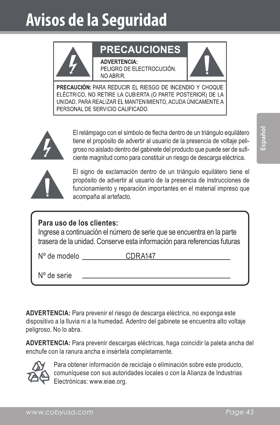 Avisos de la seguridad | COBY electronic CDRA147 User Manual | Page 45 / 76