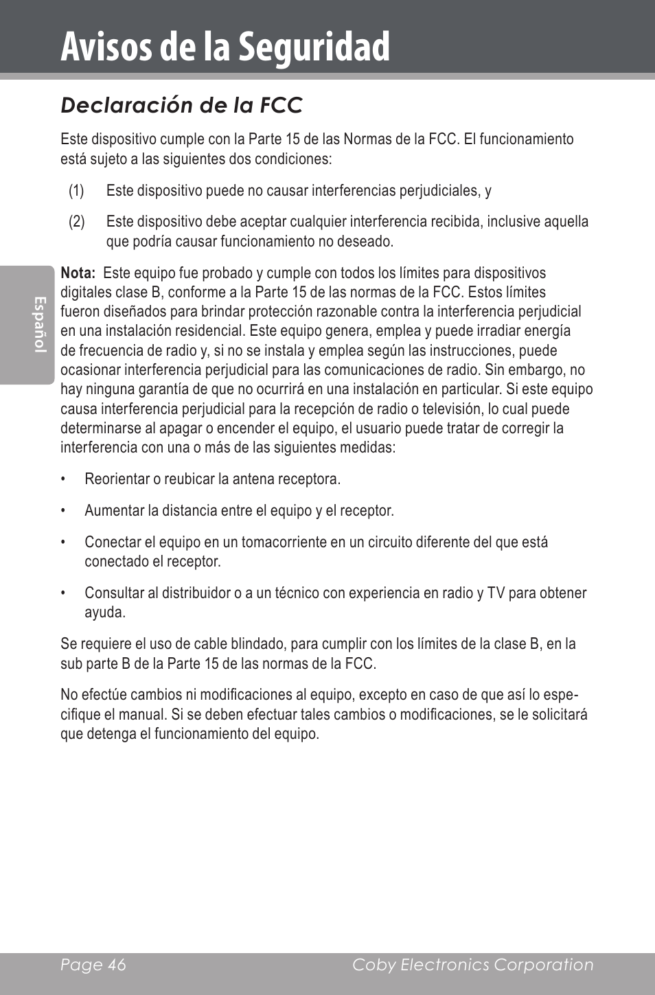 Avisos de la seguridad, Declaración de la fcc | COBY electronic CDRA147 User Manual | Page 46 / 76