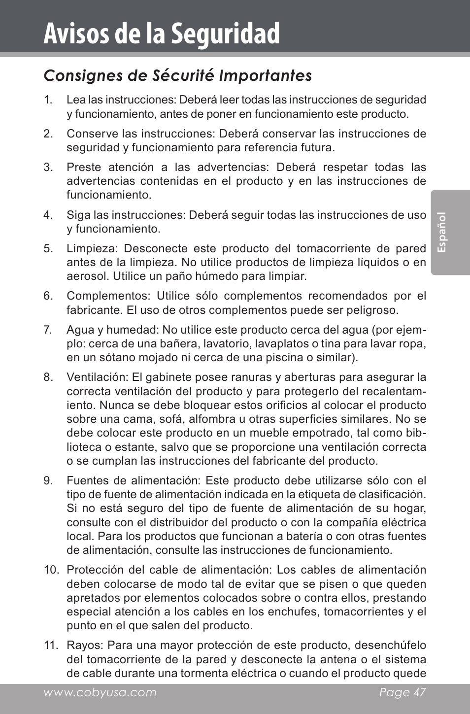 Avisos de la seguridad, Consignes de sécurité importantes | COBY electronic CDRA147 User Manual | Page 47 / 76