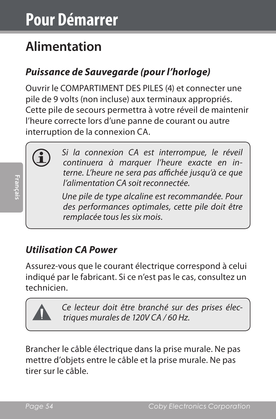Pour démarrer, Alimentation, Puissance de sauvegarde (pour l’horloge) | Utilisation ca power | COBY electronic CDRA147 User Manual | Page 54 / 76