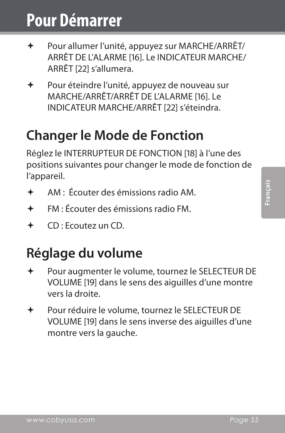 Changer le mode de fonction, Réglage du volume, Pour démarrer | COBY electronic CDRA147 User Manual | Page 55 / 76