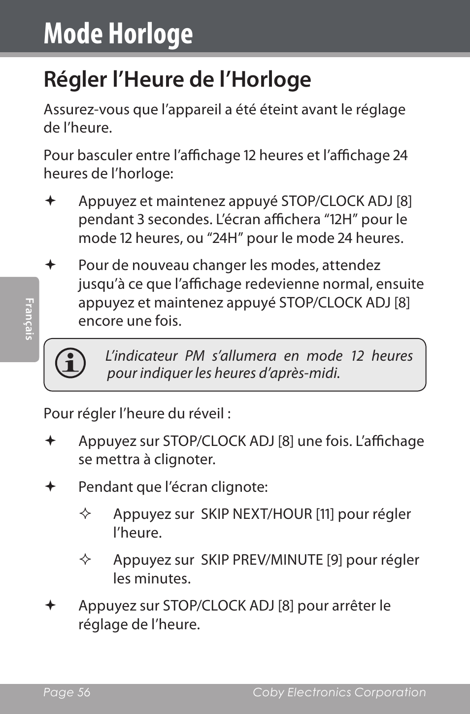 Mode horloge, Régler l’heure de l’horloge | COBY electronic CDRA147 User Manual | Page 56 / 76