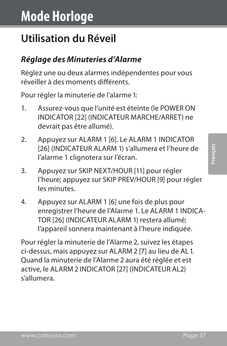 Utilisation du réveil, Réglage des minuteries d’alarme, Mode horloge | COBY electronic CDRA147 User Manual | Page 57 / 76