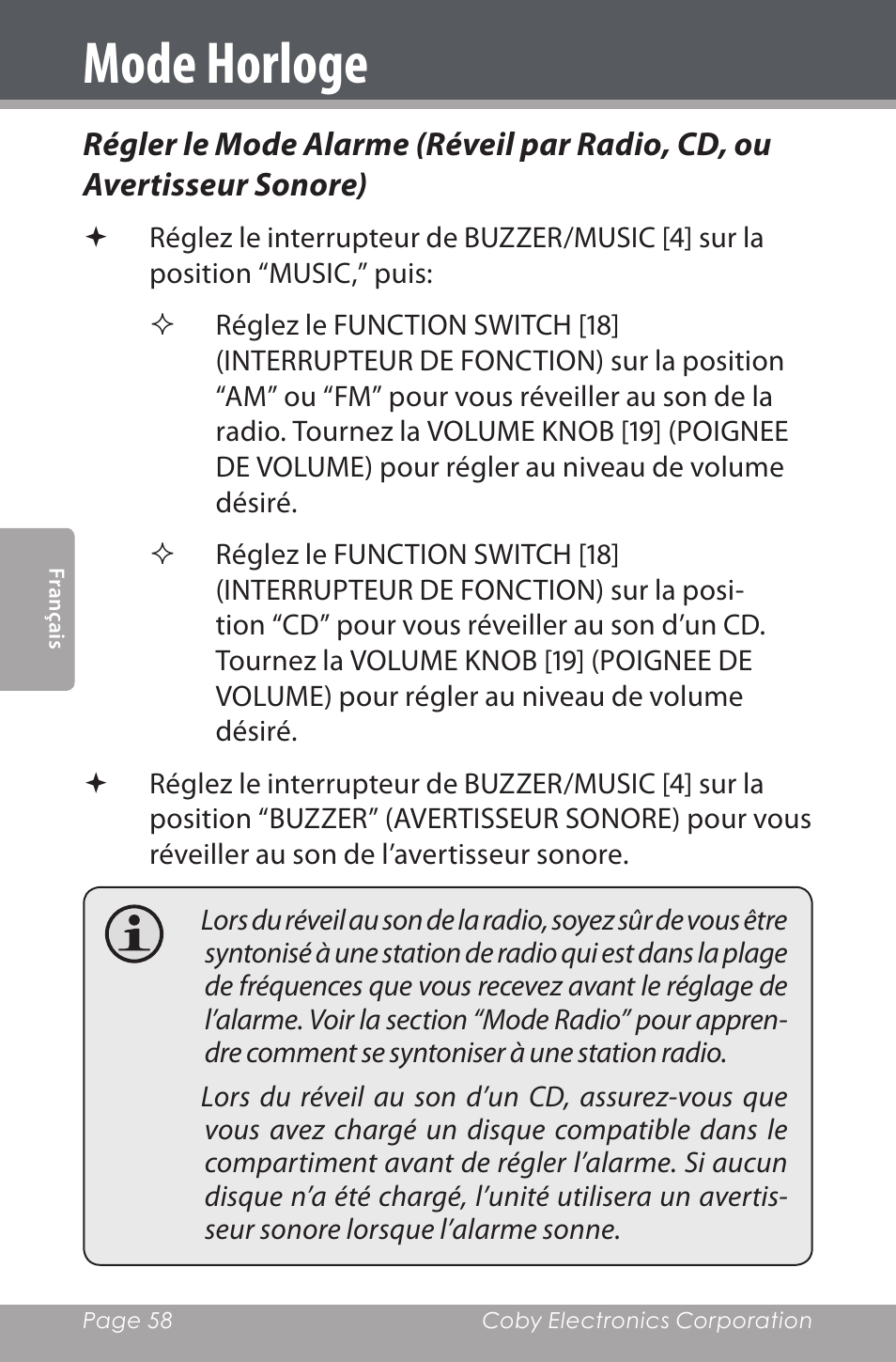 Mode horloge | COBY electronic CDRA147 User Manual | Page 58 / 76