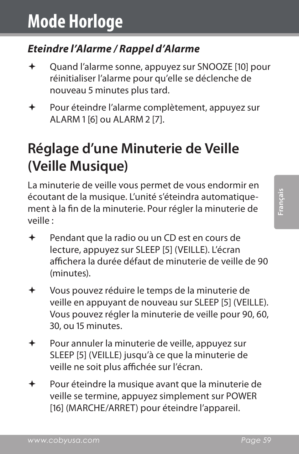 Eteindre l’alarme / rappel d’alarme, Réglage d’une minuterie de veille (veille musique), Mode horloge | COBY electronic CDRA147 User Manual | Page 59 / 76