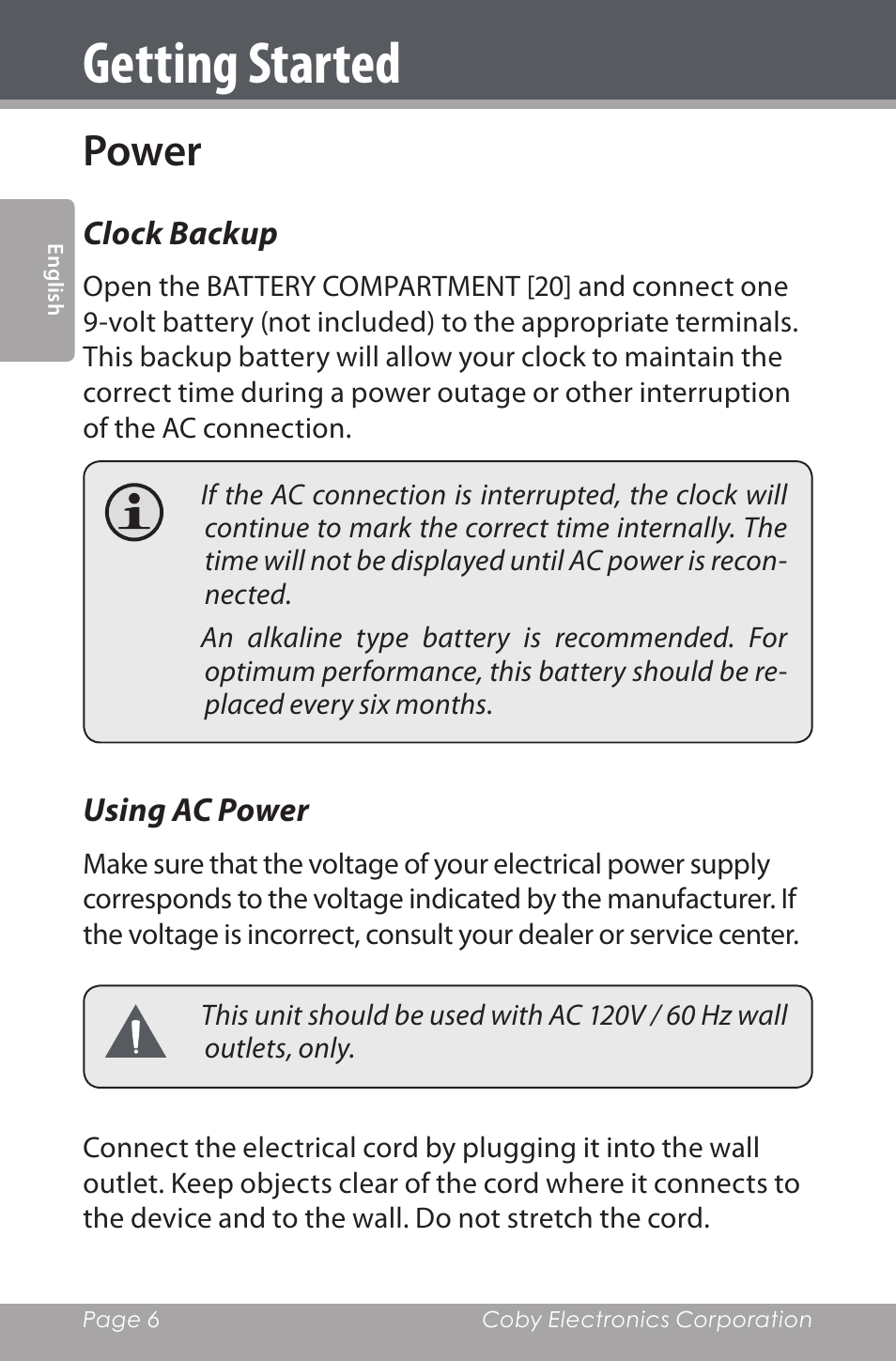 Getting started, Power, Clock backup | Using ac power | COBY electronic CDRA147 User Manual | Page 6 / 76