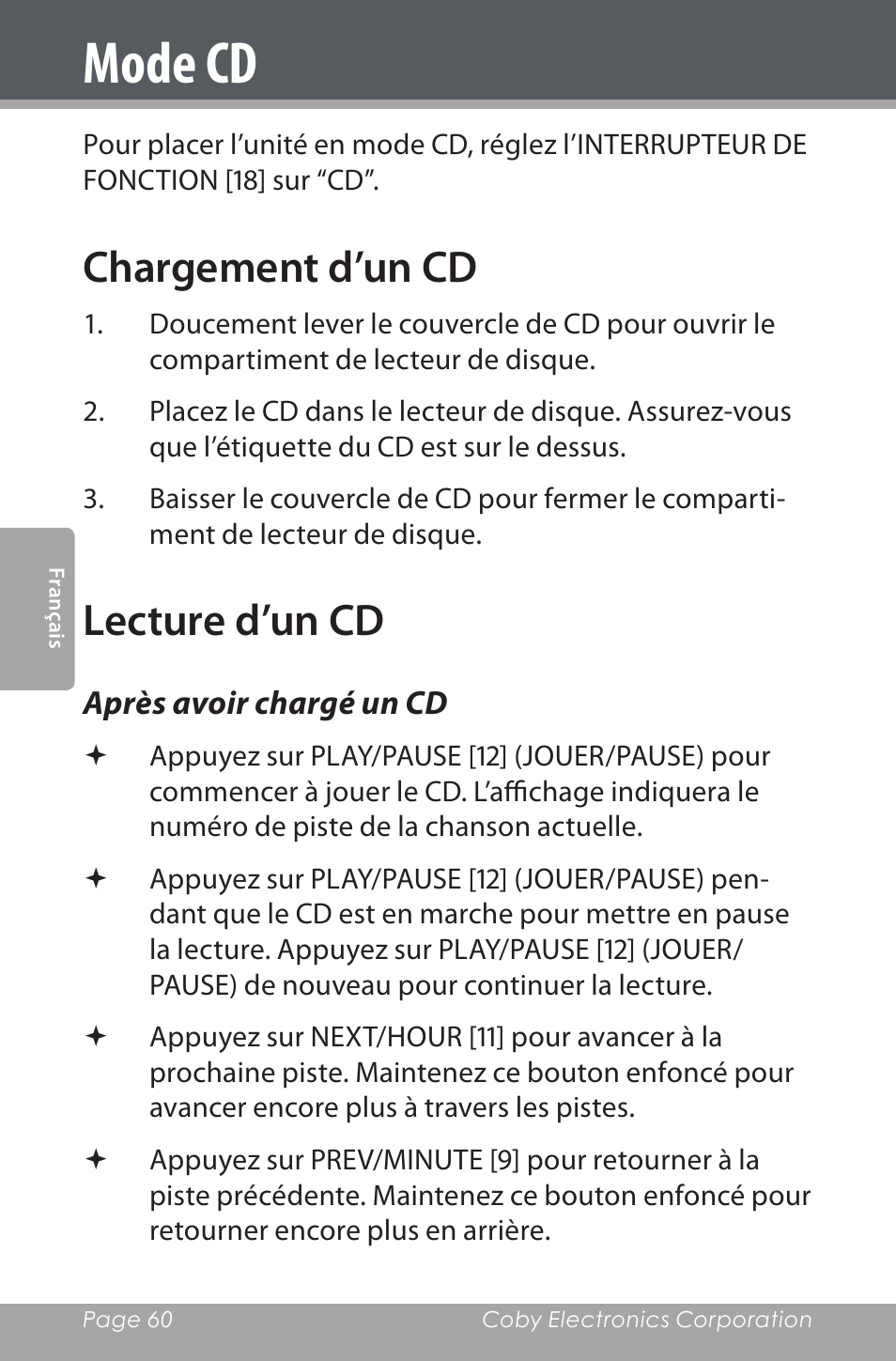 Mode cd, Chargement d’un cd, Lecture d’un cd | Après avoir chargé un cd | COBY electronic CDRA147 User Manual | Page 60 / 76