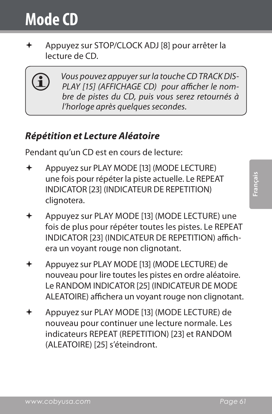Répétition et lecture aléatoire, Mode cd | COBY electronic CDRA147 User Manual | Page 61 / 76
