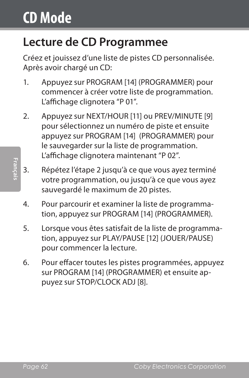 Lecture de cd programmee, Cd mode | COBY electronic CDRA147 User Manual | Page 62 / 76