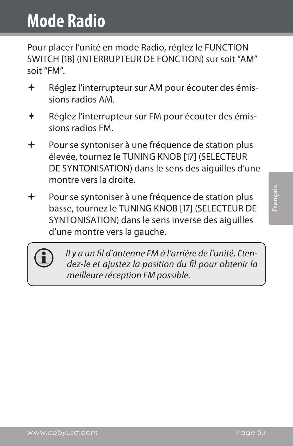 Mode radio | COBY electronic CDRA147 User Manual | Page 63 / 76